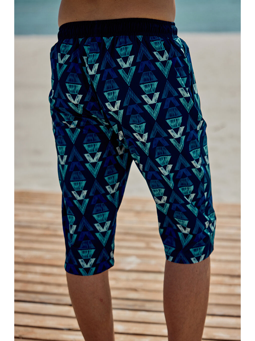 Erkek Havuz Deniz Uzun Kapri Şort Mayo RK009 Lacivert-5