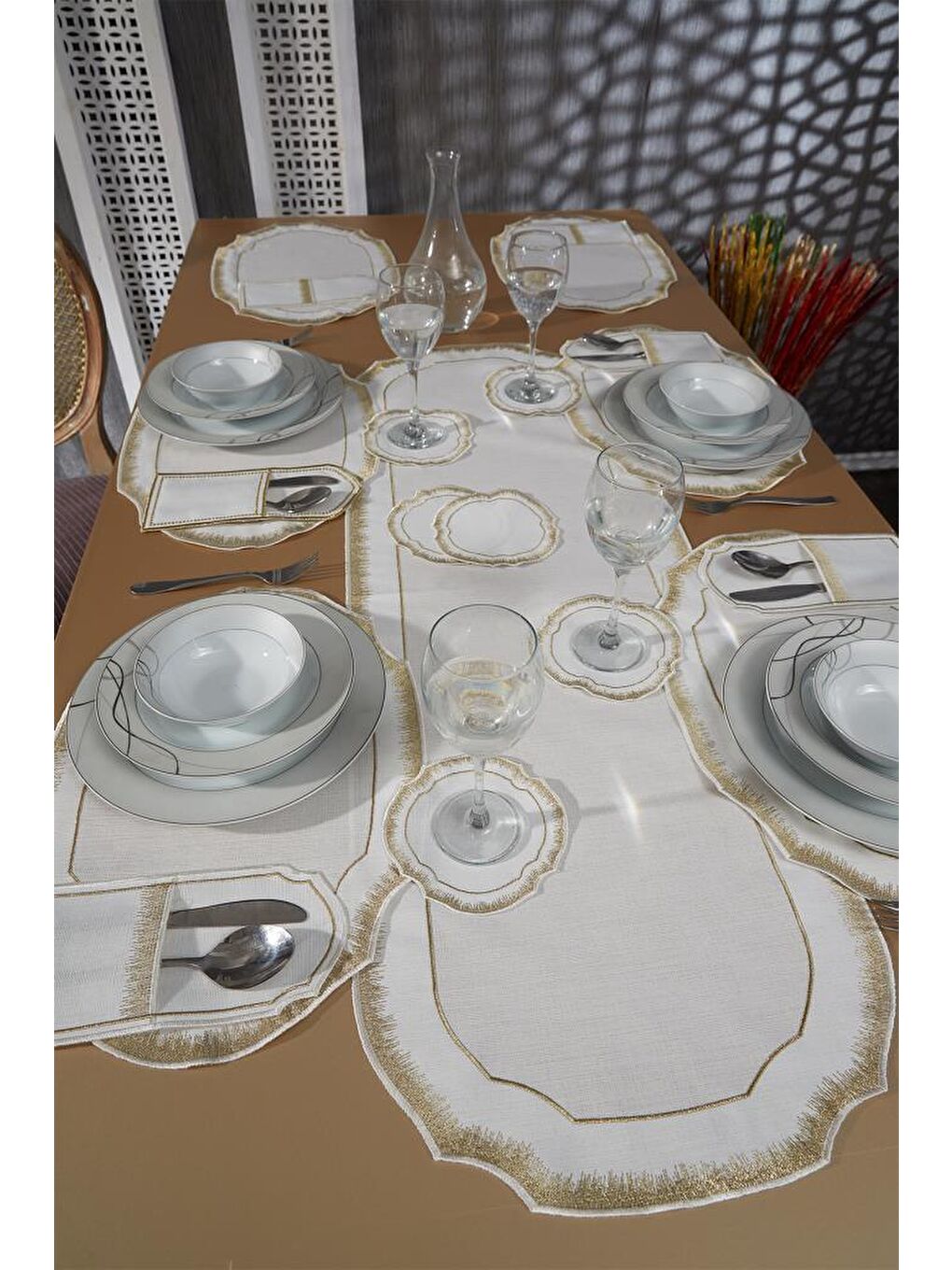 Sarı Aslı Keten Nakışlı Amerikan Servis Takımı 19 Parça Gold-2
