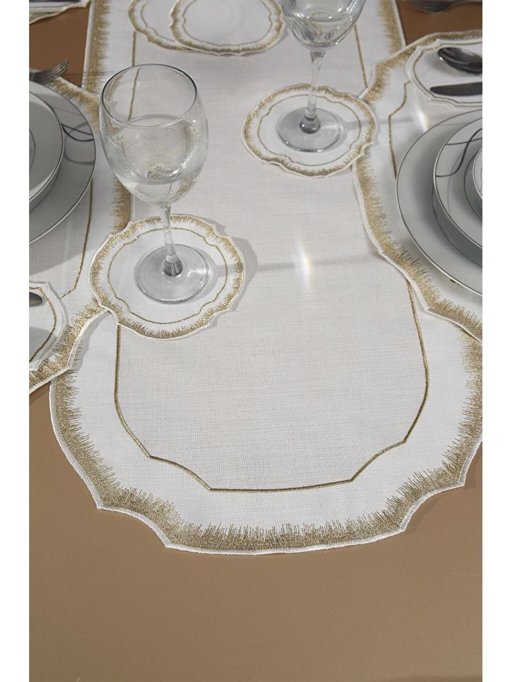 Sarı Aslı Keten Nakışlı Amerikan Servis Takımı 19 Parça Gold-7