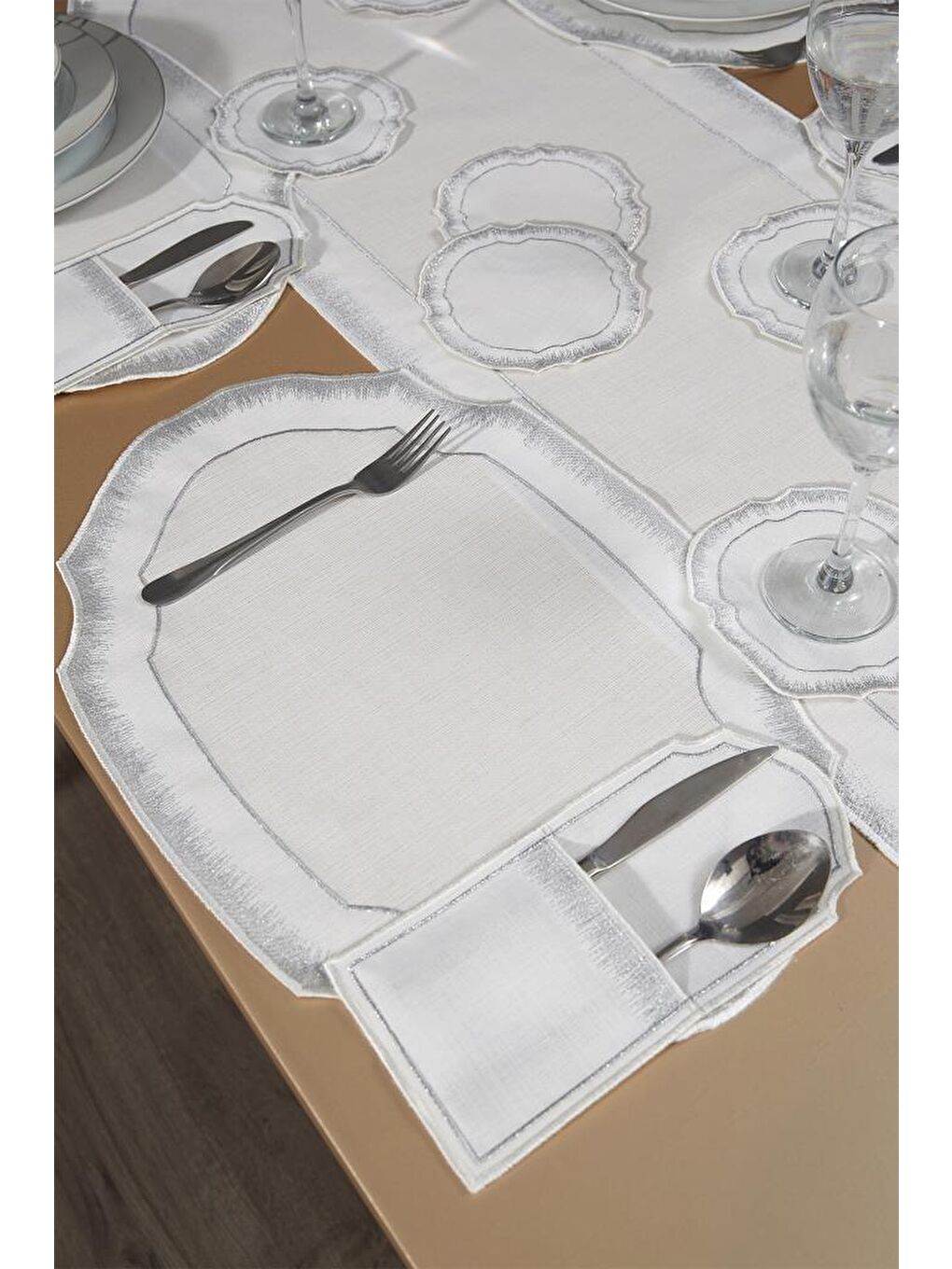 Gri Aslı Keten Nakışlı Amerikan Servis Takımı 19 Parça Silver-4