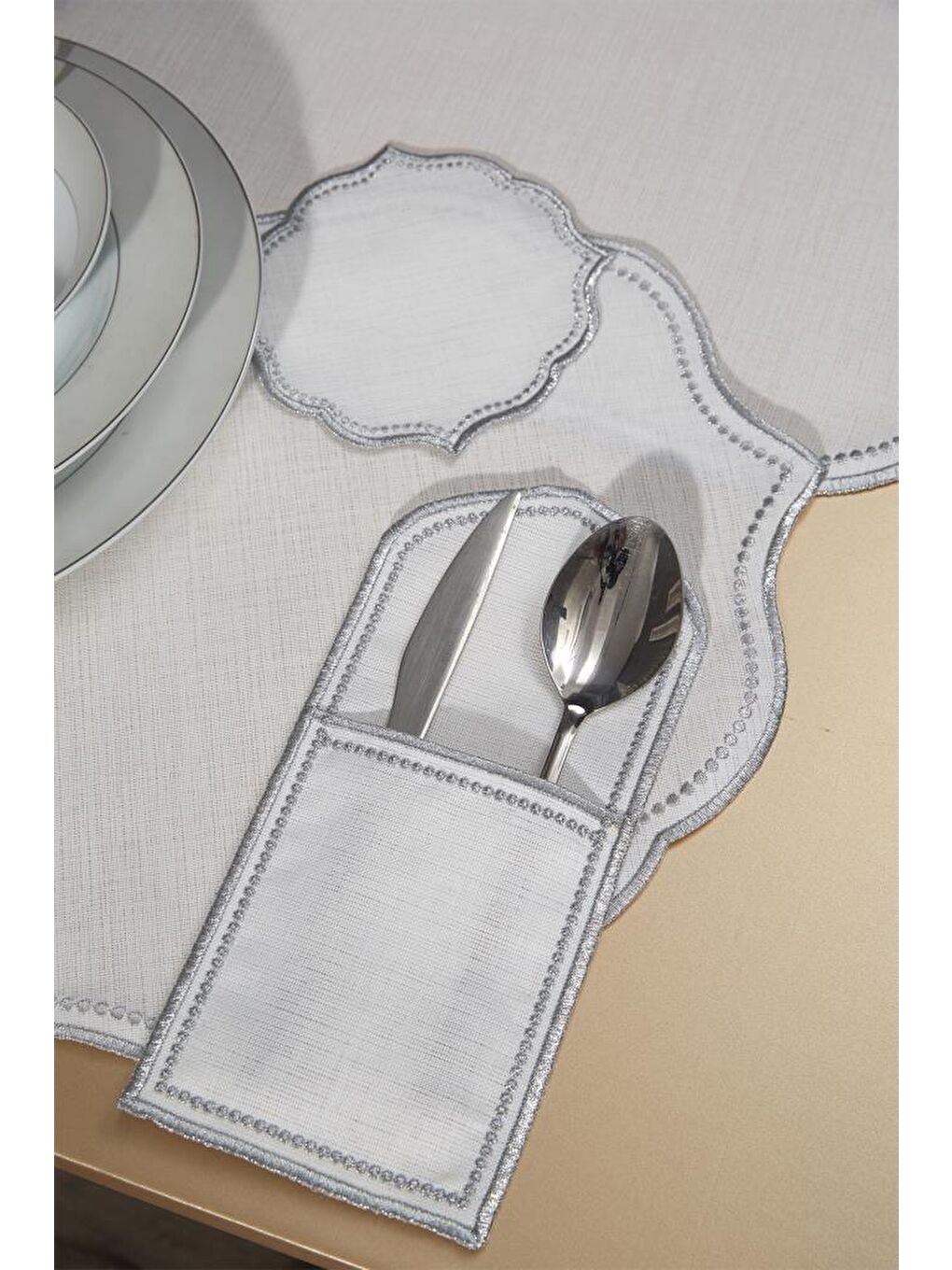 Gri Damla Keten Nakışlı Amerikan Servis Takımı 19 Parça Silver-5