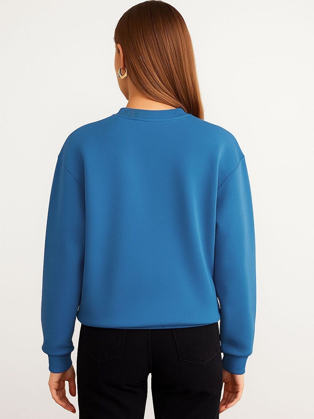 Kadın İndigo Mavi Düz Bisiklet Yaka Sweatshirt-1