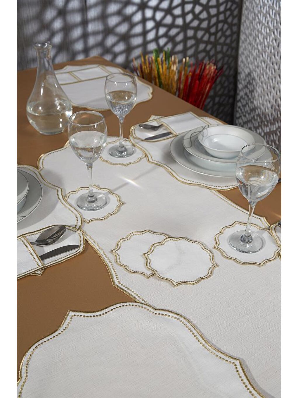 Sarı Damla Keten Nakışlı Amerikan Servis Takımı 19 Parça Gold-3