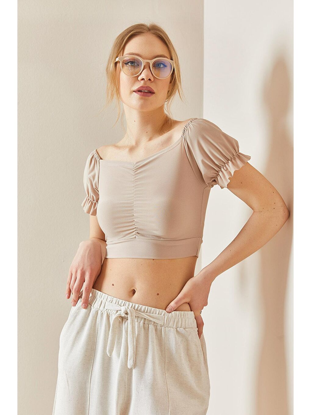 Bej Drapeli Kayık Yaka Bluz 3YXK2-47031-25-1