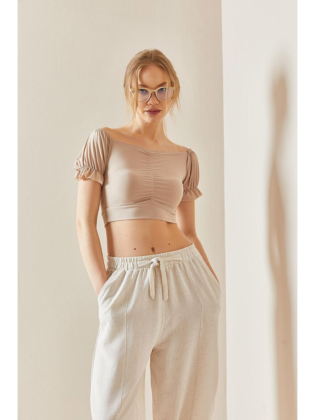 Bej Drapeli Kayık Yaka Bluz 3YXK2-47031-25-2