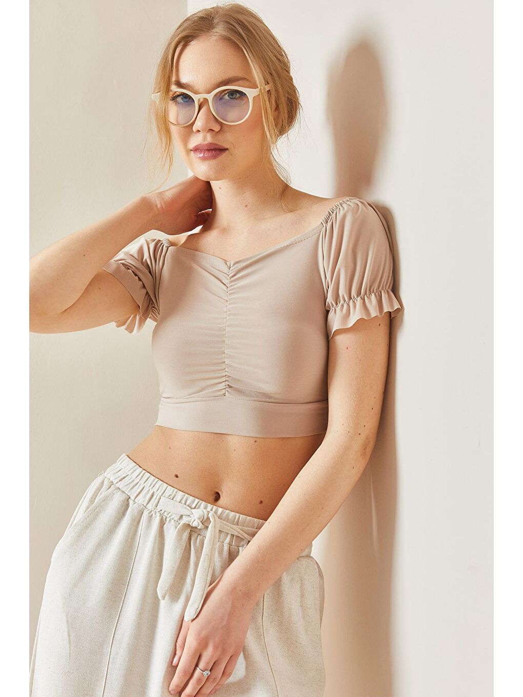 Bej Drapeli Kayık Yaka Bluz 3YXK2-47031-25-3