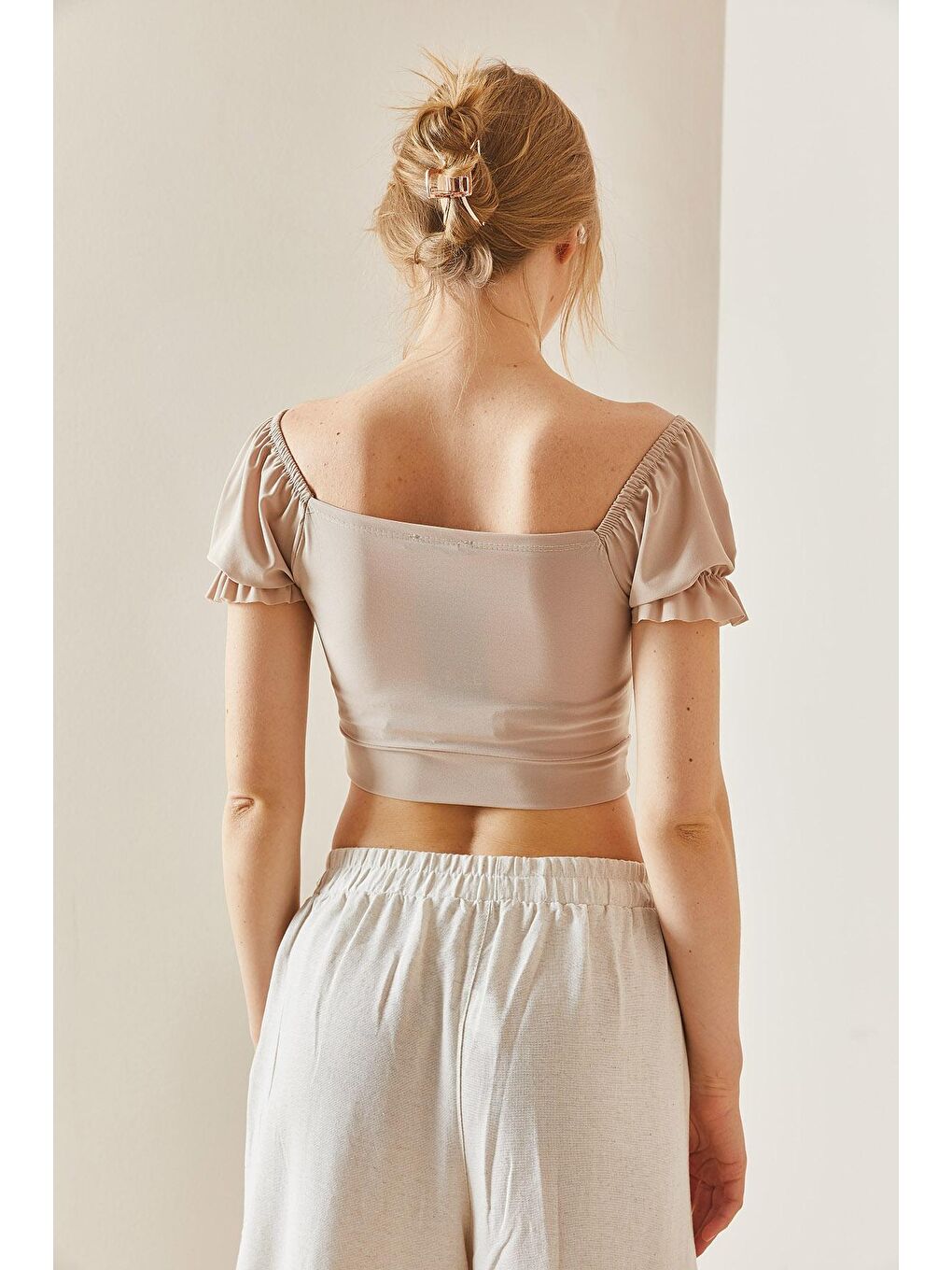 Bej Drapeli Kayık Yaka Bluz 3YXK2-47031-25-4