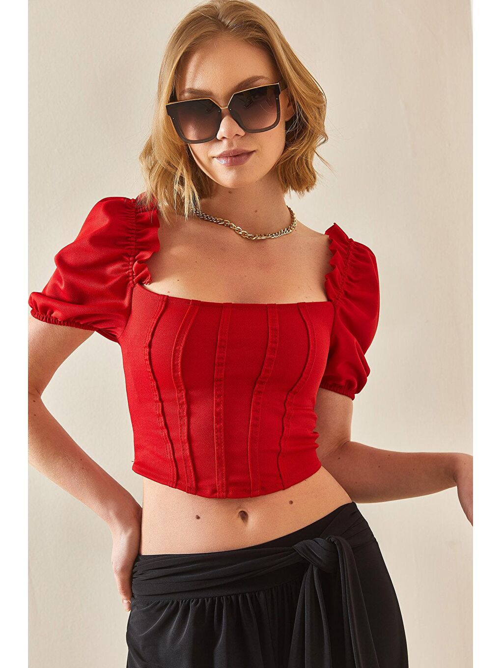 Kırmızı Kare Yaka Karpuz Kol Bluz 3YXK2-47083-04-2