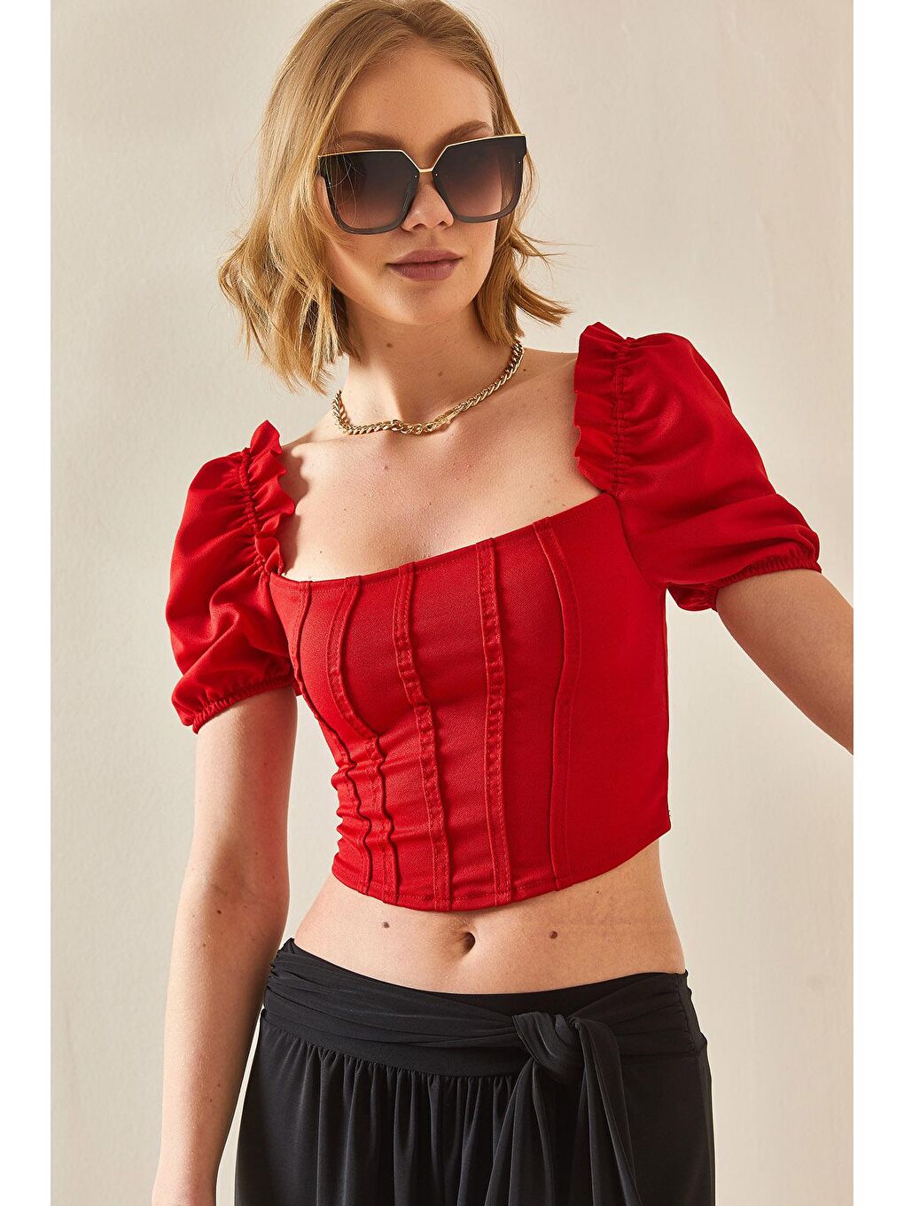 Kırmızı Kare Yaka Karpuz Kol Bluz 3YXK2-47083-04-4