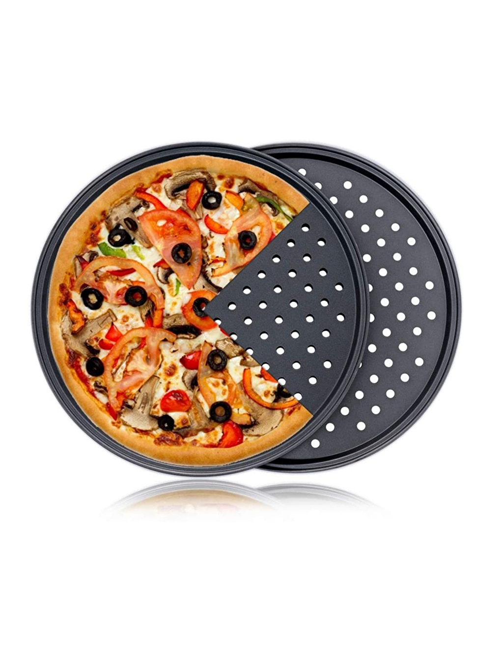 Antrasit Paslanmaz Karbon Çelik, Delikli, Yanmaz 32 Cm Büyük Boy Pizza ve Lahmacun Tepsisi ve Pizza Ruleti-1