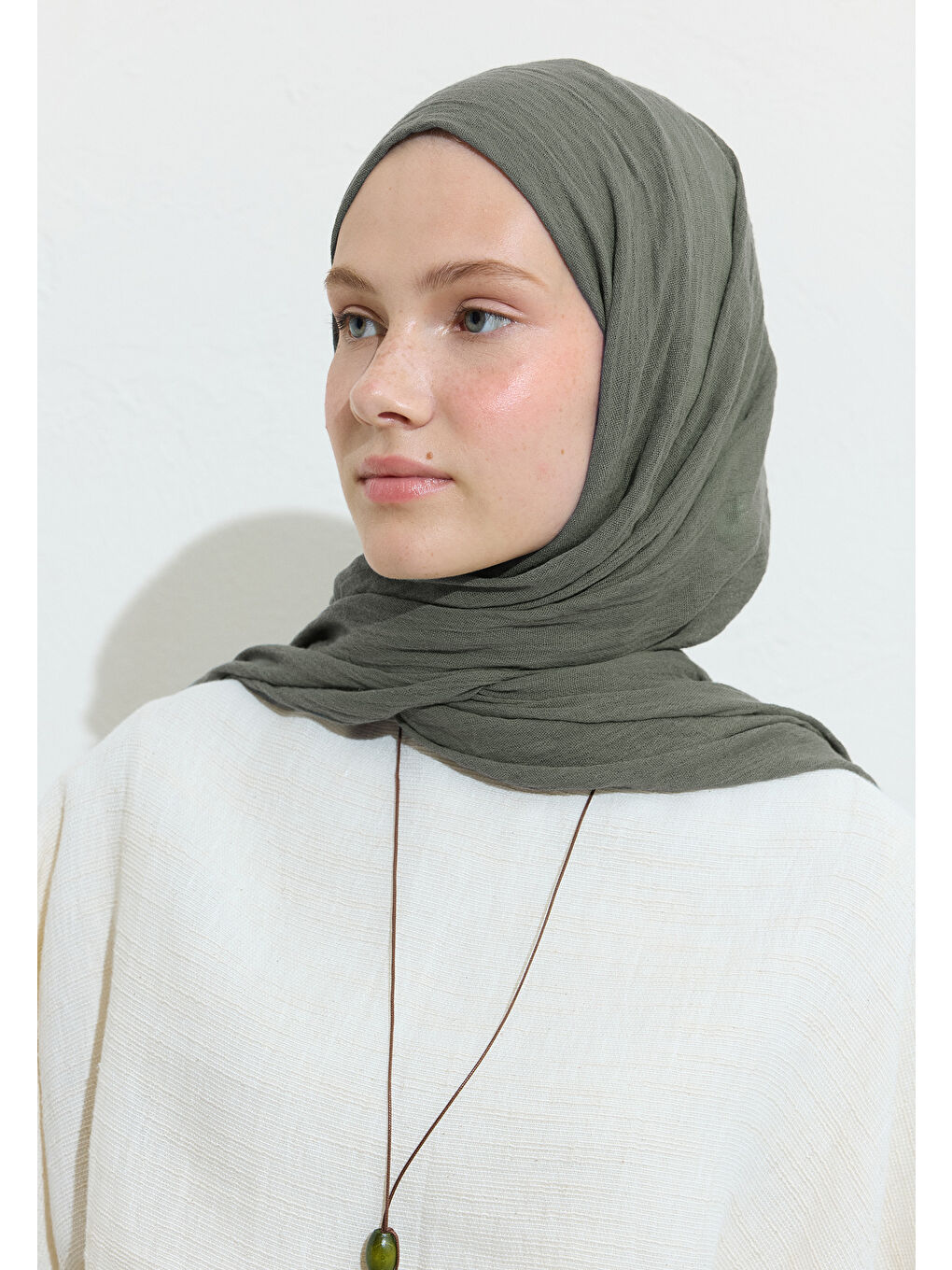 Haki Earl Grey Pamuklu Keten Şal-1