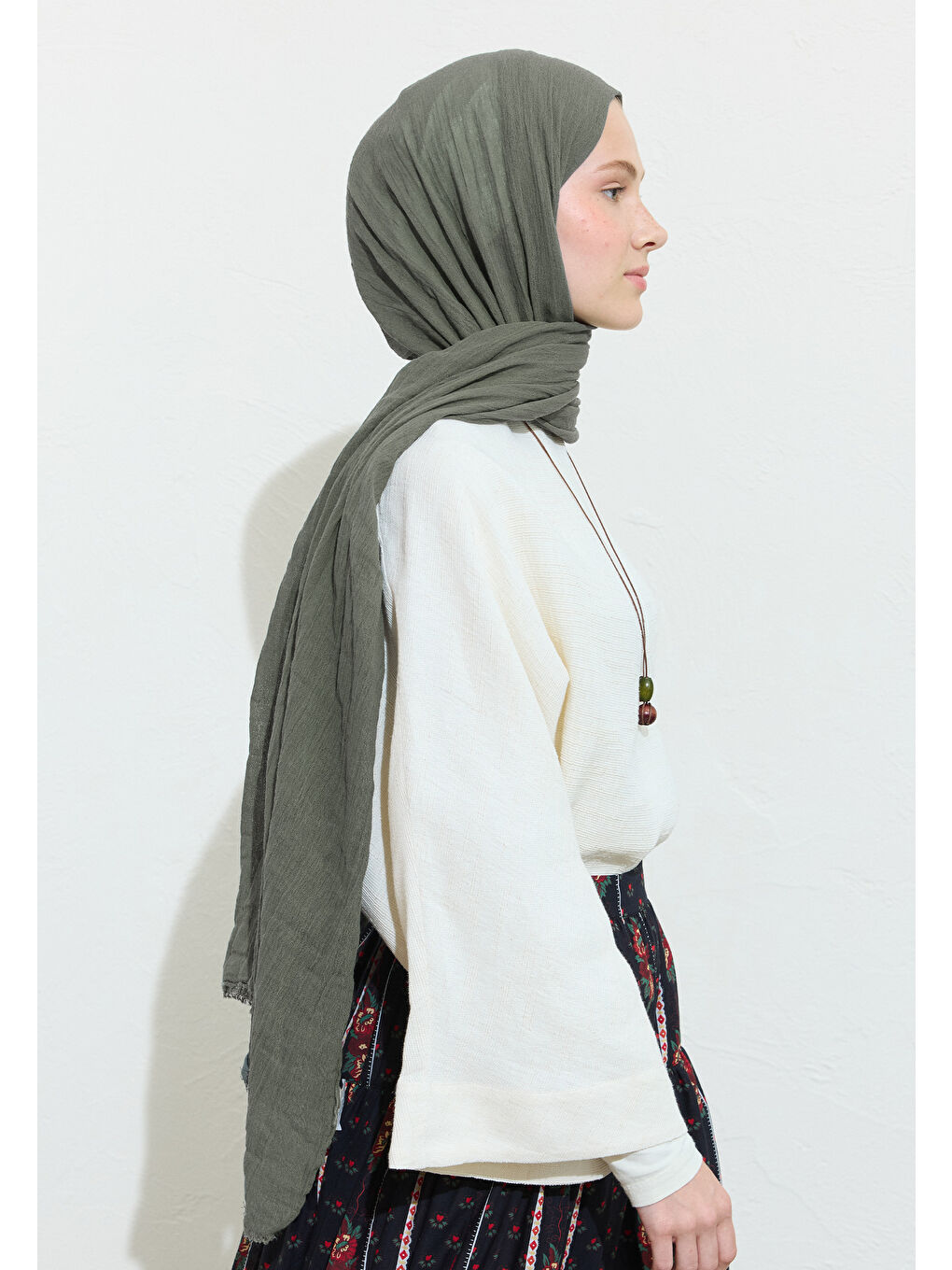 Haki Earl Grey Pamuklu Keten Şal-2