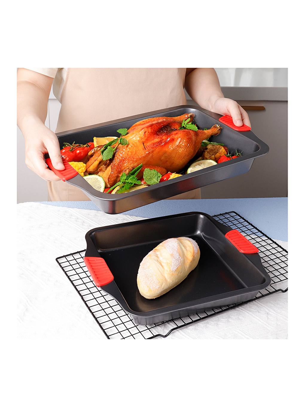 Antrasit Karbon Siyah Çelik Orta Boy Fırın Tepsisi 24 x 30 x 7 cm - 1 Adet-3