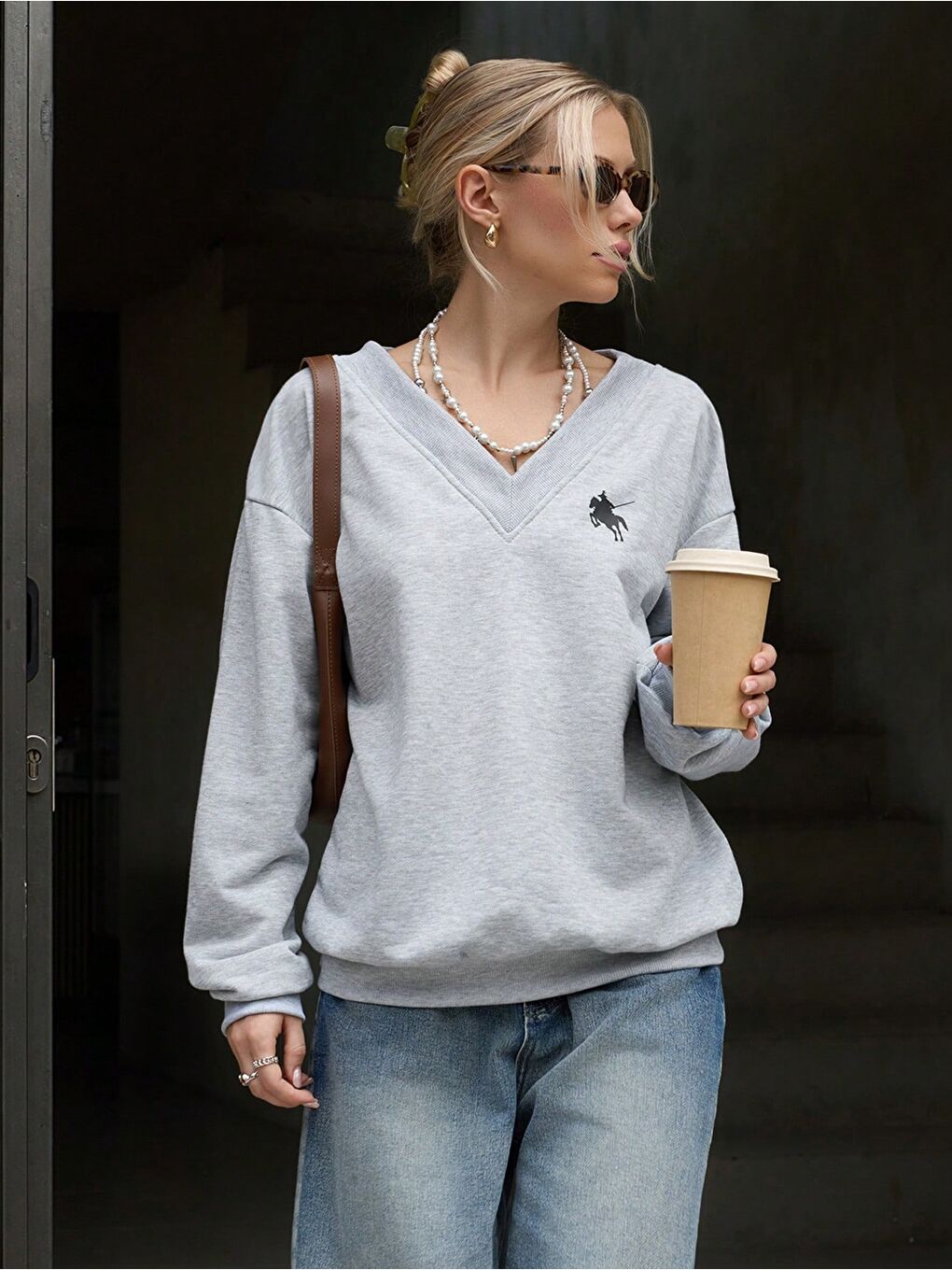 Kadın 3 Iplik Gri Cavalry Baskılı V Yaka Oversize Sweatshirt