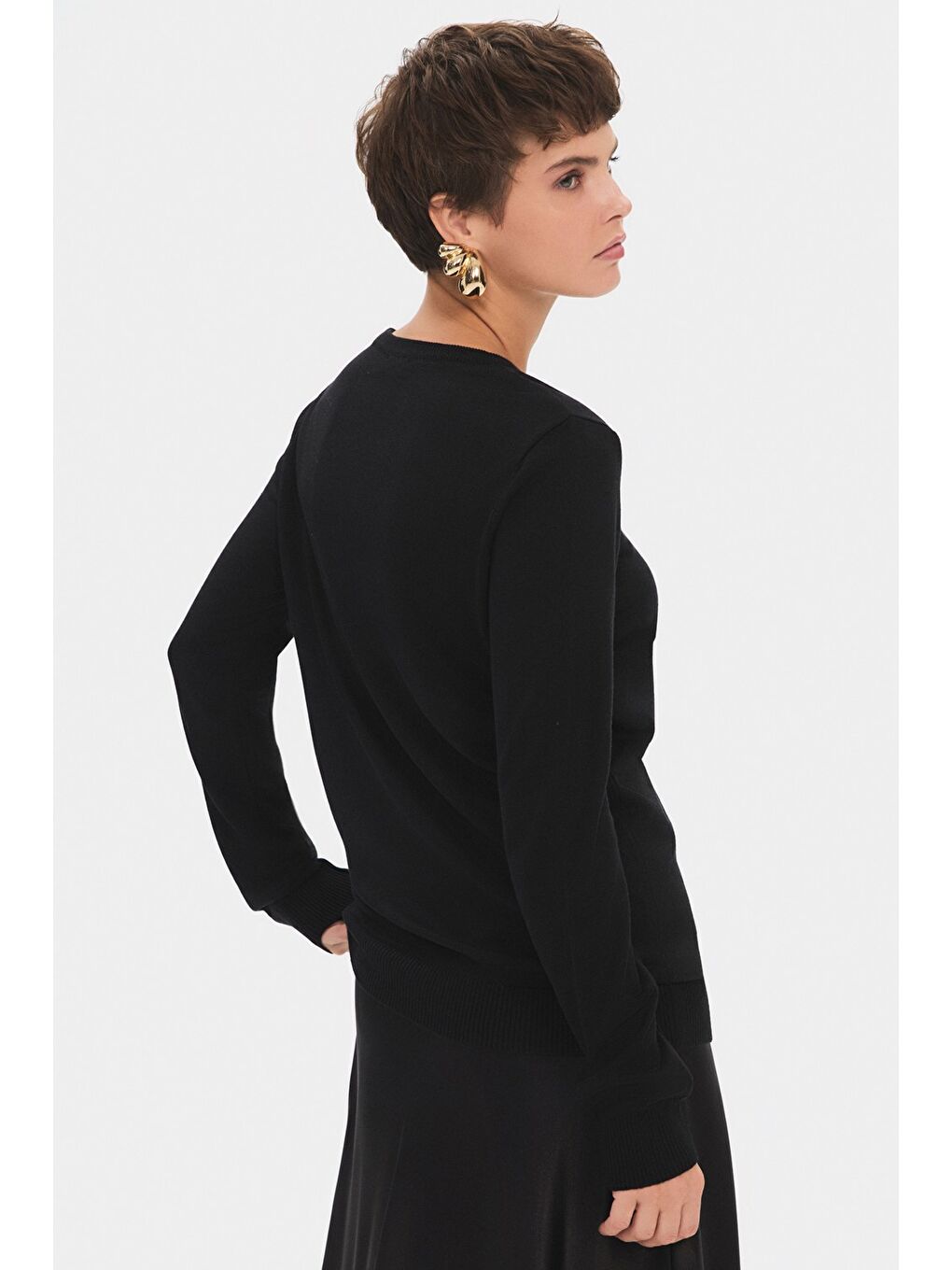 Siyah Kadın Exclusive Viskoz Karışımlı Normal Kalıp Bisiklet Yaka Triko Kazak-4