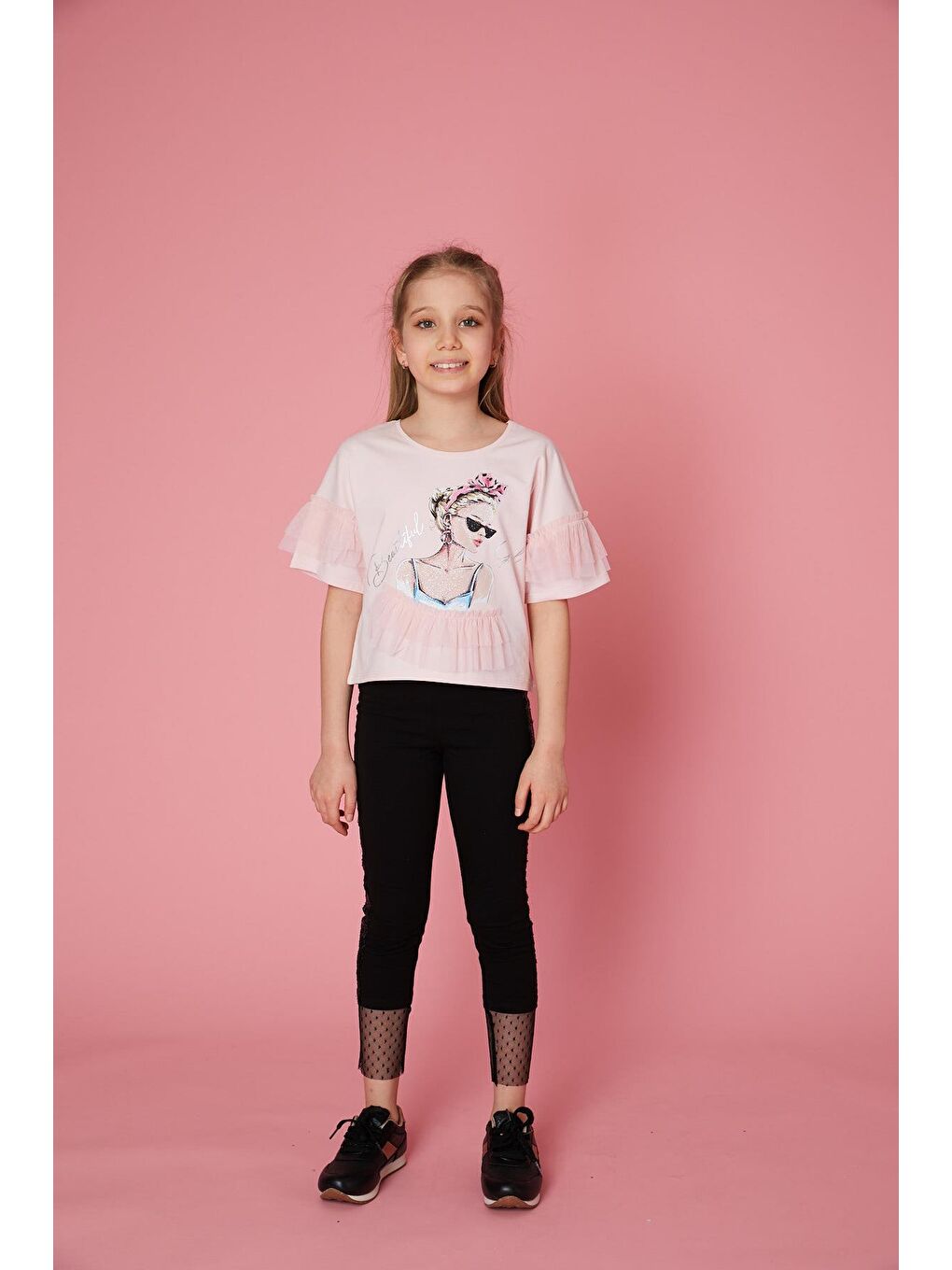 Pembe Kız Çocuk Baskılı Fırfırlı Mevsimlik Tişört
