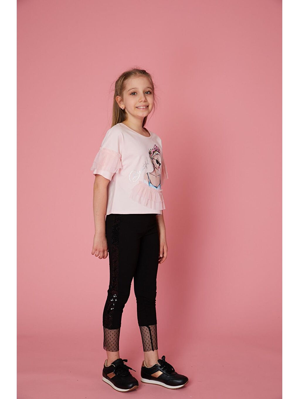 Pembe Kız Çocuk Baskılı Fırfırlı Mevsimlik Tişört-1
