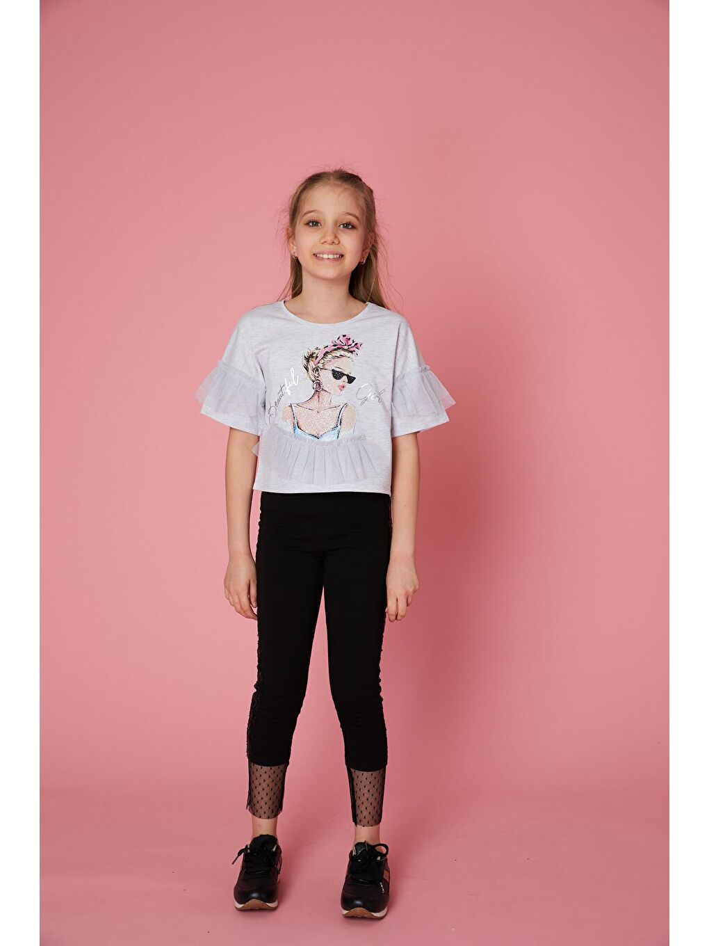 Gri Kız Çocuk Baskılı Fırfırlı Mevsimlik Tişört