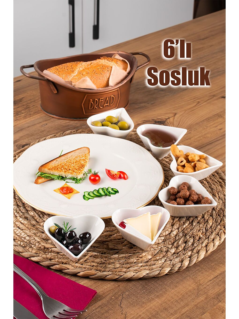 Porsima Beyaz Bone 15689 6'lı Kalpli Sunumluk Kase - 1