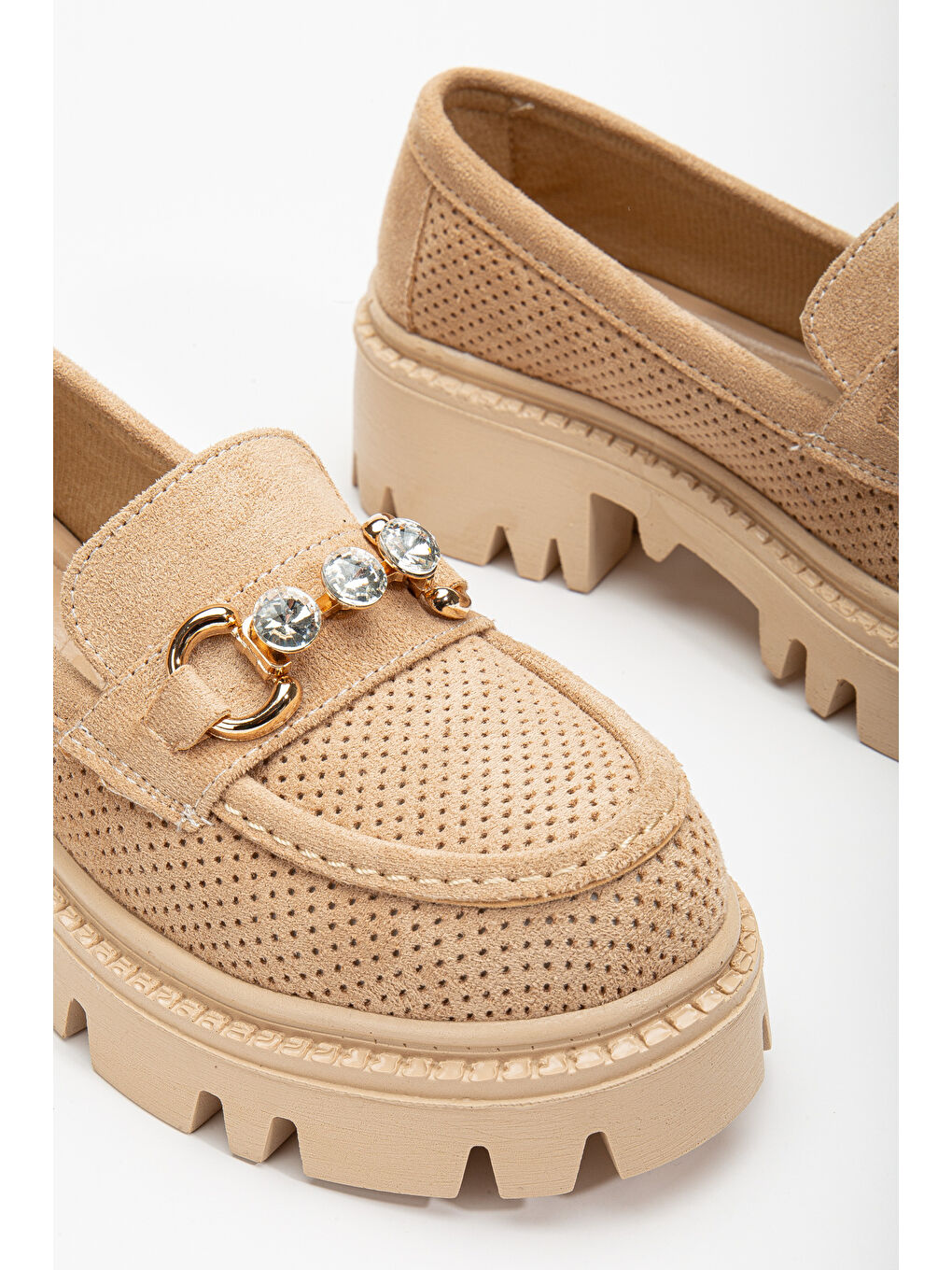 Bej Kadın Nude Süet Rahat Kalıp Önü Tokalı Kalın Taban Loafer-2