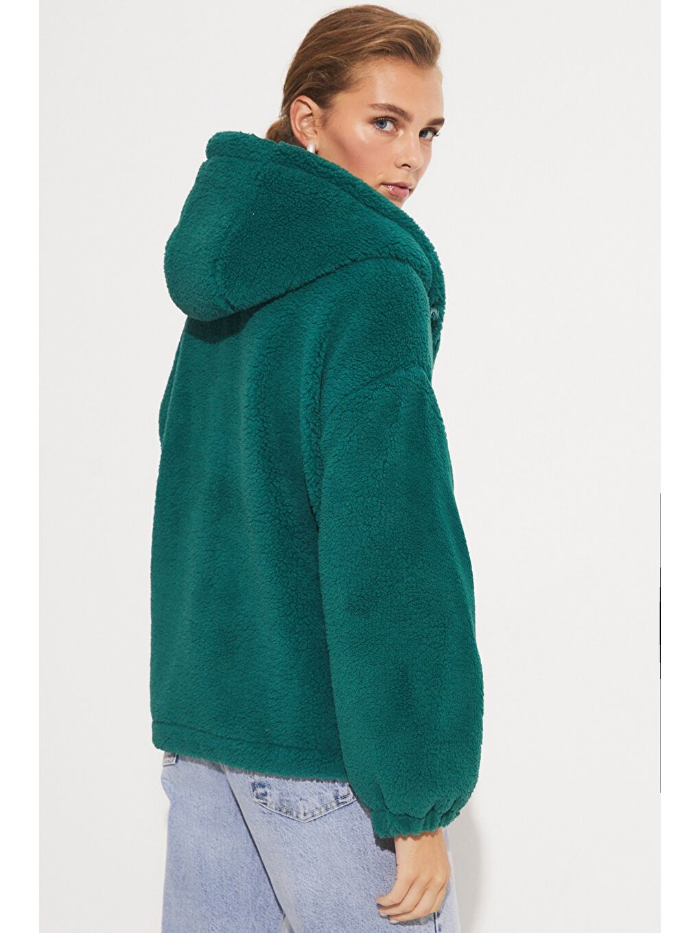 Yeşil Kapüşonlu Pelüş Mont-5
