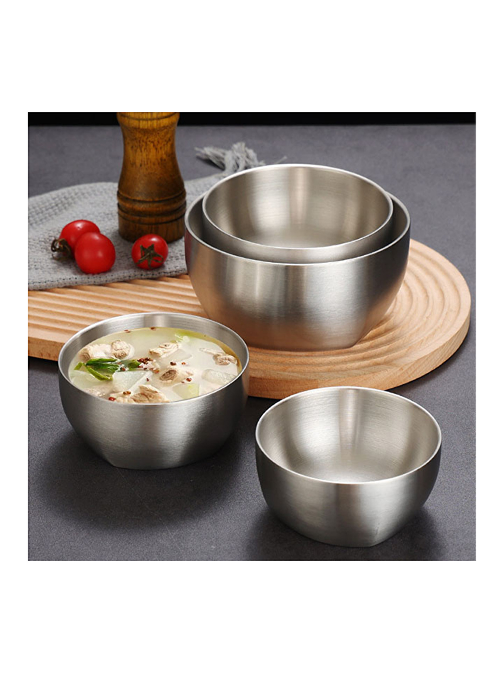 Bej Çelik Çift Cidarlı Çırpma ve Karıştırma Kabı 14 cm, 18/10 - 304 Kalite - Paslanmaz Çelik-2