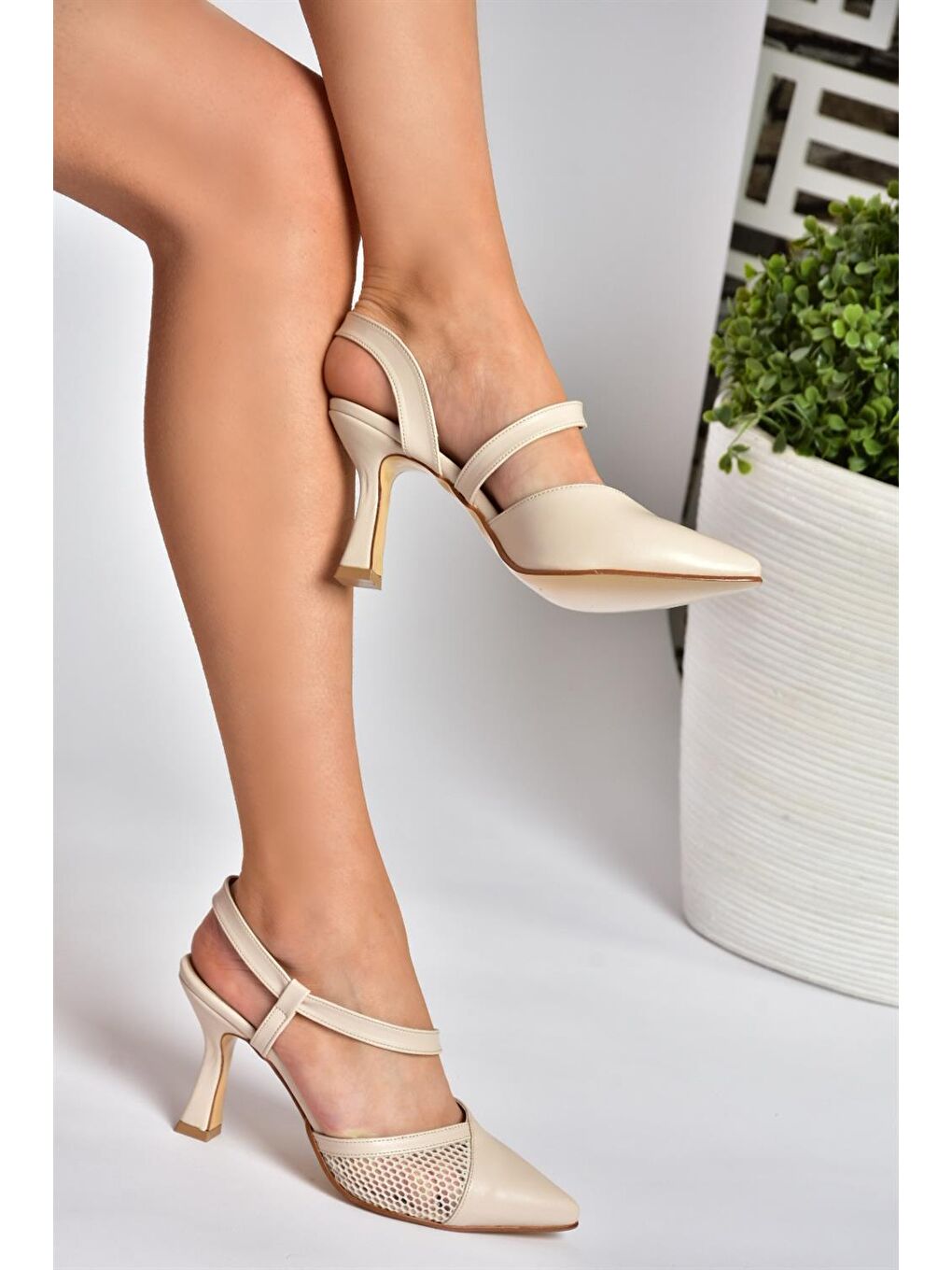 Bej P372733109 Ten Kumaş Detaylı Kadın Topuklu Ayakkabı-3