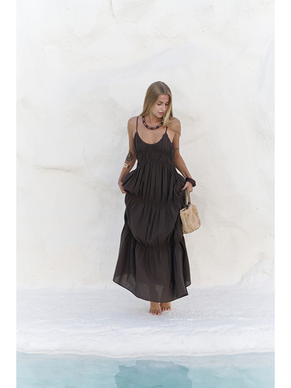 Kahverengi Dozza Askılı Kahve Uzun Elbise-1