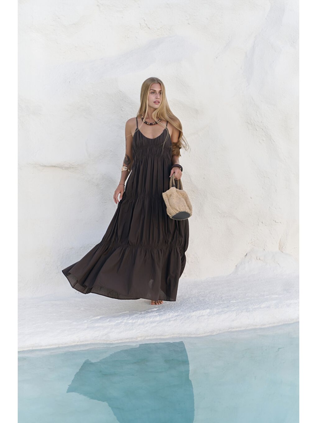 Kahverengi Dozza Askılı Kahve Uzun Elbise-2