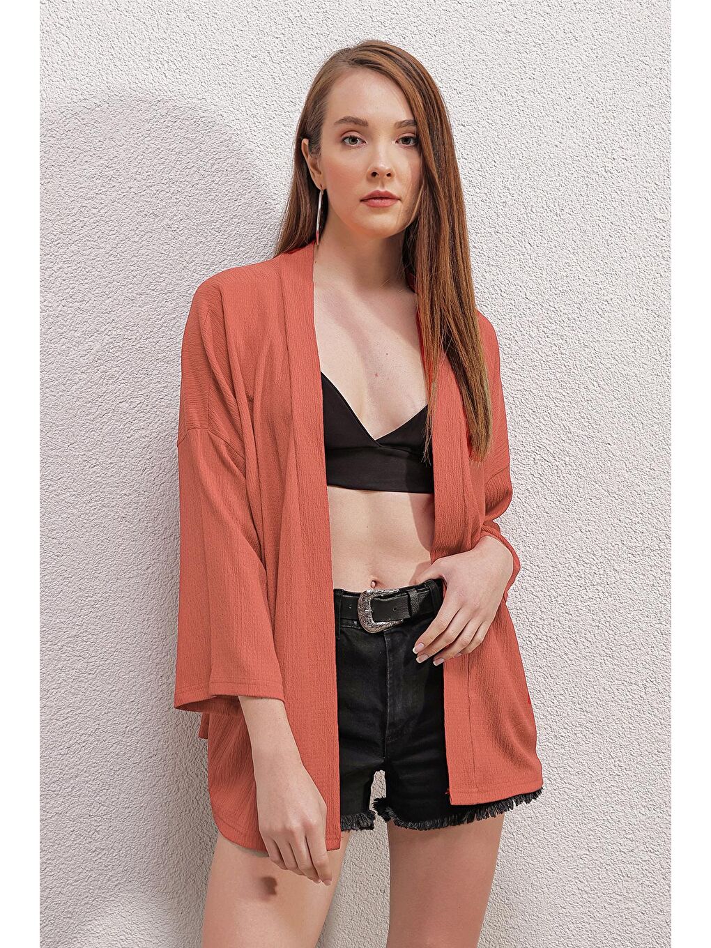 Pembe 5862 Örme Kimono - Gül Kurusu