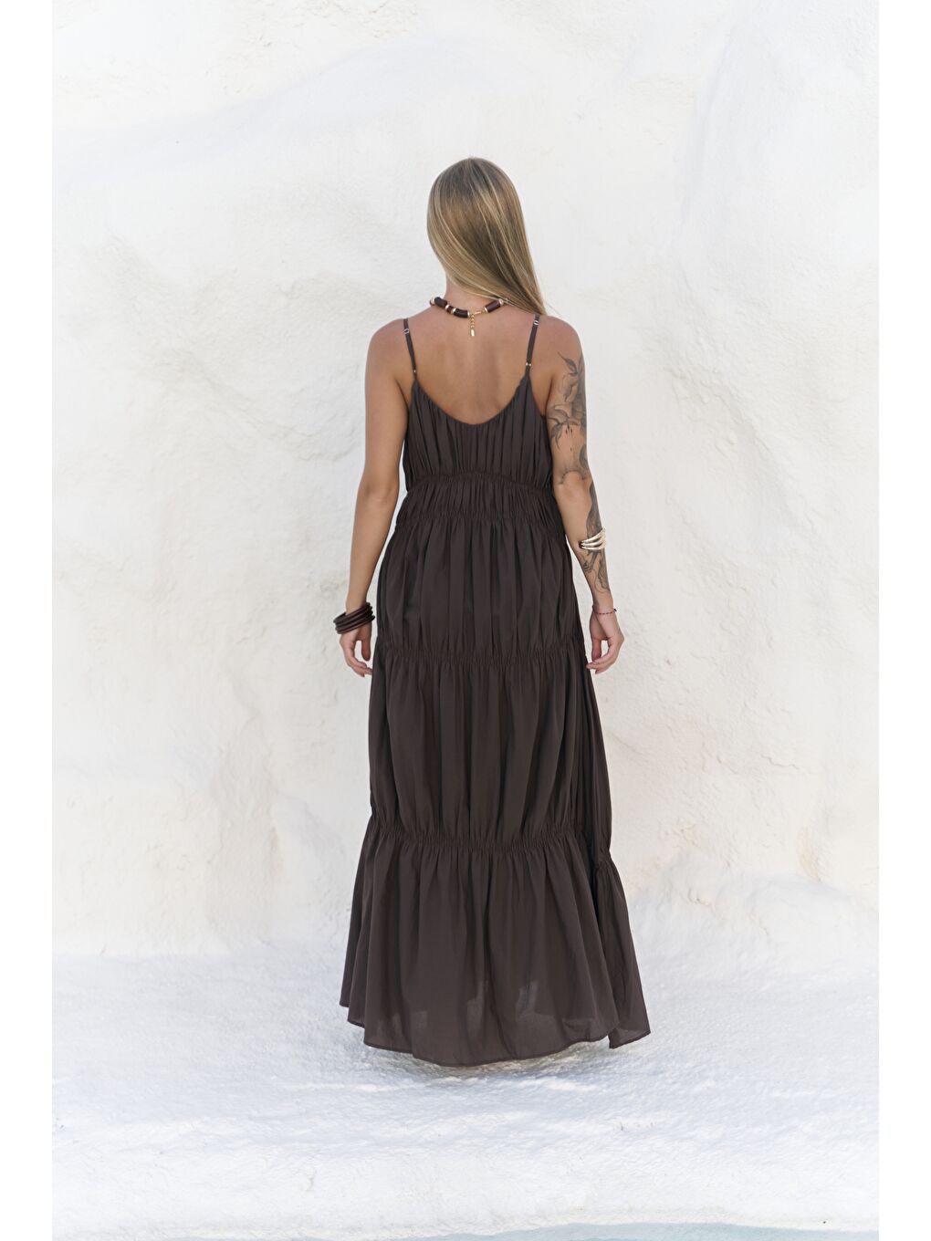 Kahverengi Dozza Askılı Kahve Uzun Elbise-4