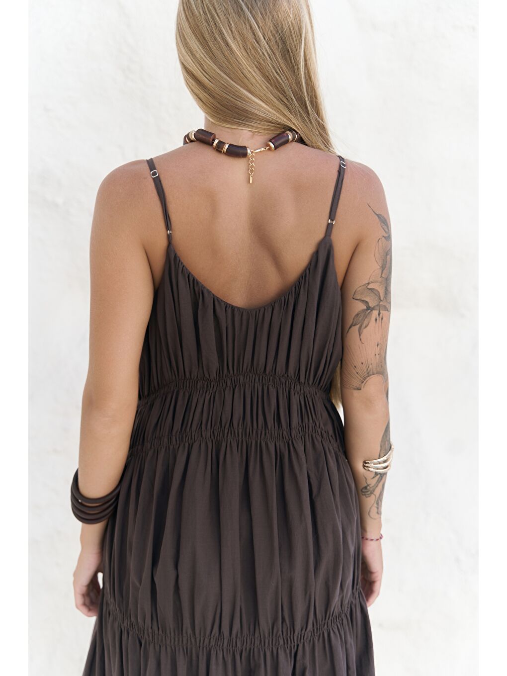 Kahverengi Dozza Askılı Kahve Uzun Elbise-7