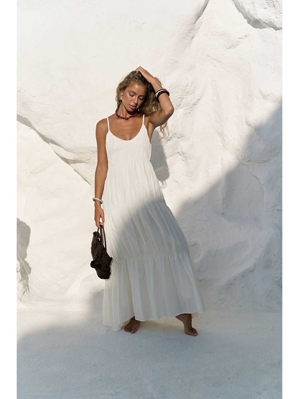 Dozza Askılı Ekru Uzun Elbise-4