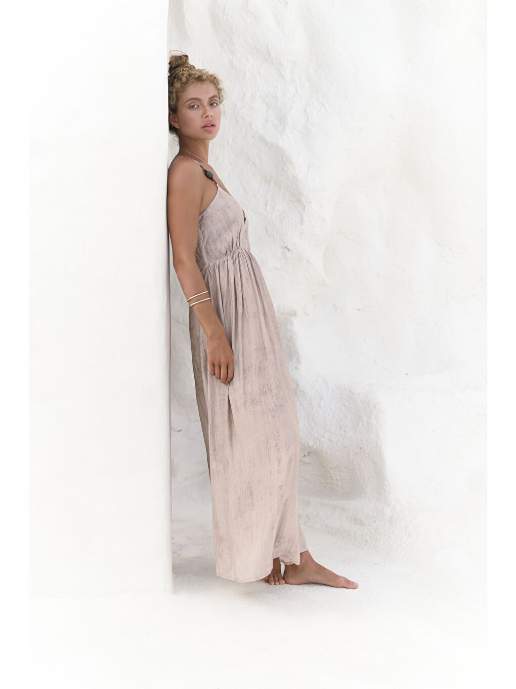 Bej Aden Boncuk Detay Vizon Elbise-2