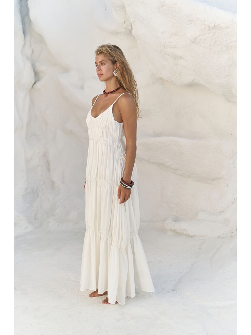 Dozza Askılı Ekru Uzun Elbise-1