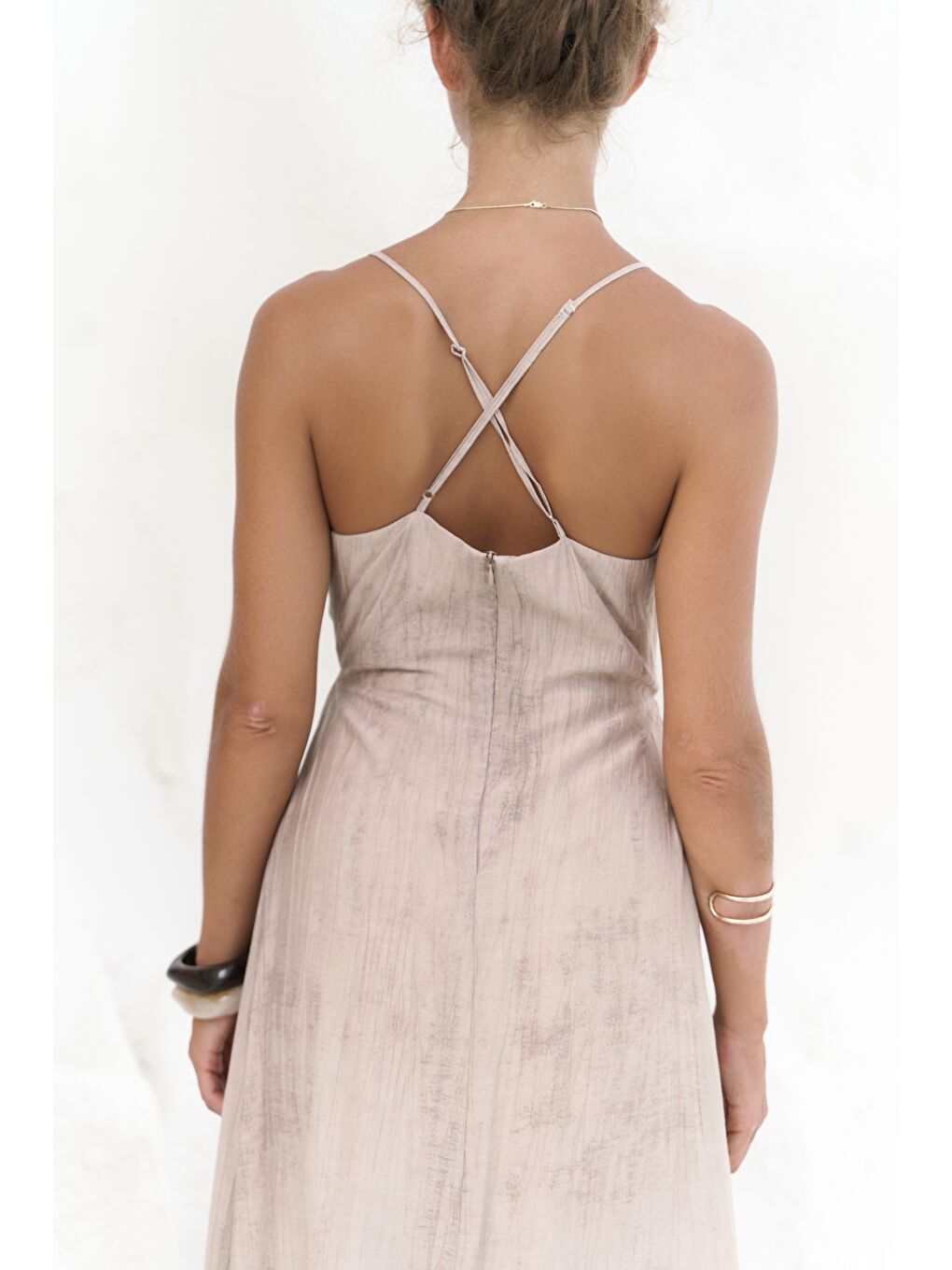 Bej Aden Boncuk Detay Vizon Elbise-4