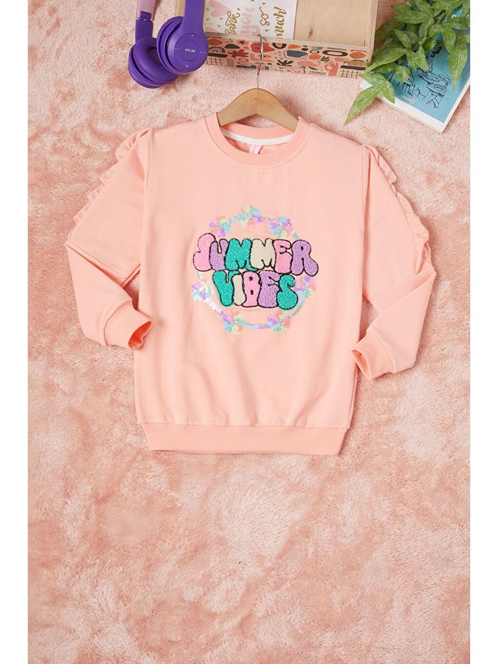 Pembe Somon Summer Yazı Nakışlı Kız Çocuk Sweatshirt 16586