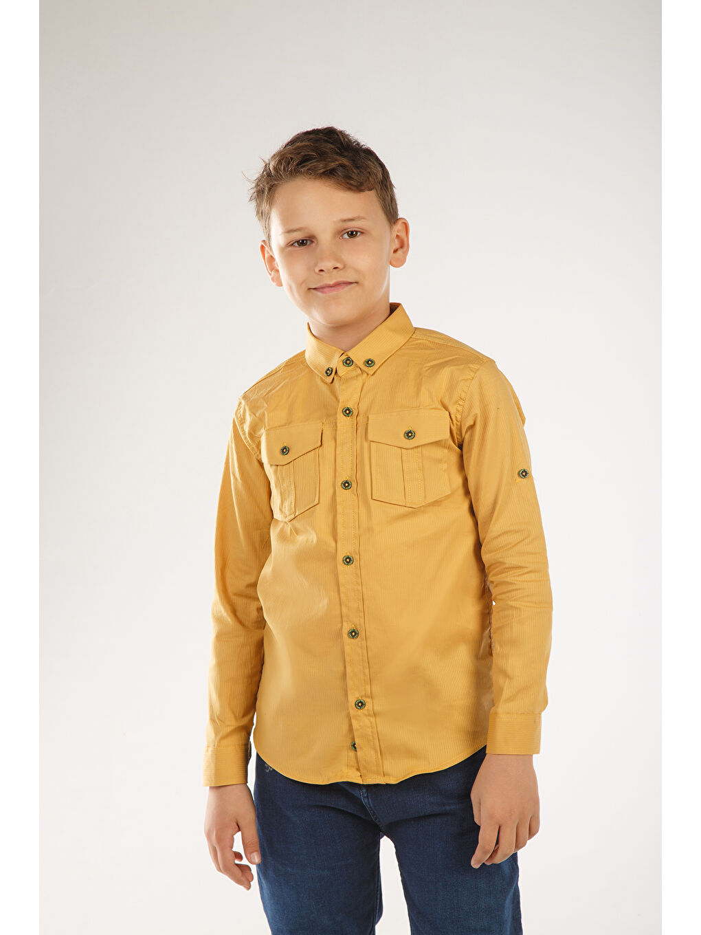 Kahverengi Uzun Katlama Kollu Erkek Çocuk Gömlek