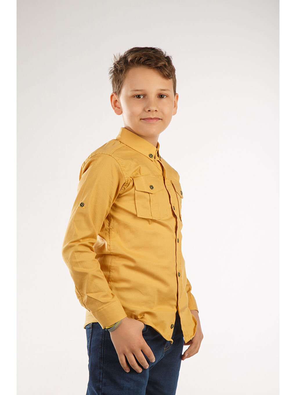 Kahverengi Uzun Katlama Kollu Erkek Çocuk Gömlek-2