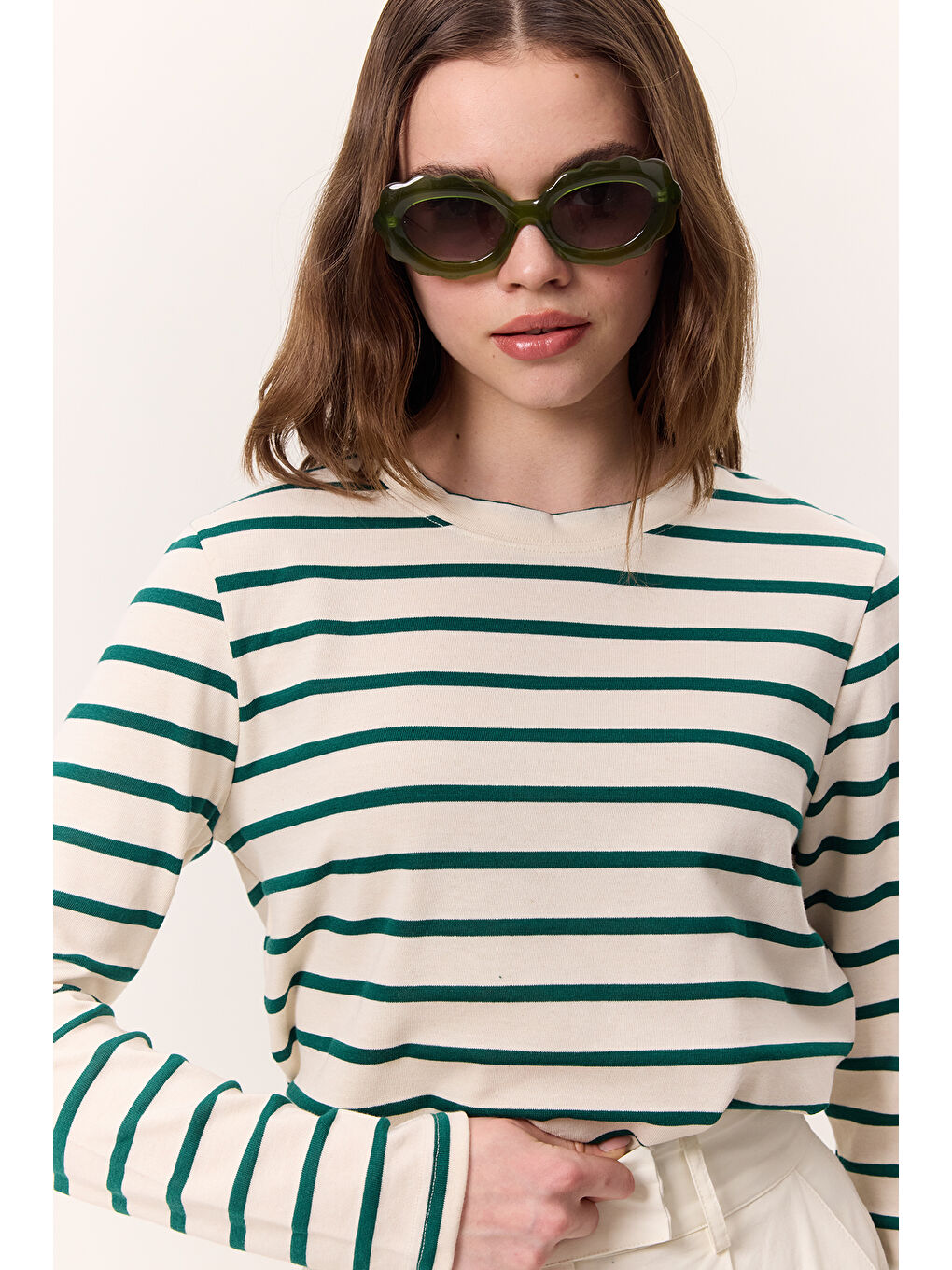 Çizgili Uzun Kol Regular Fit Tshırt Yeşil-1