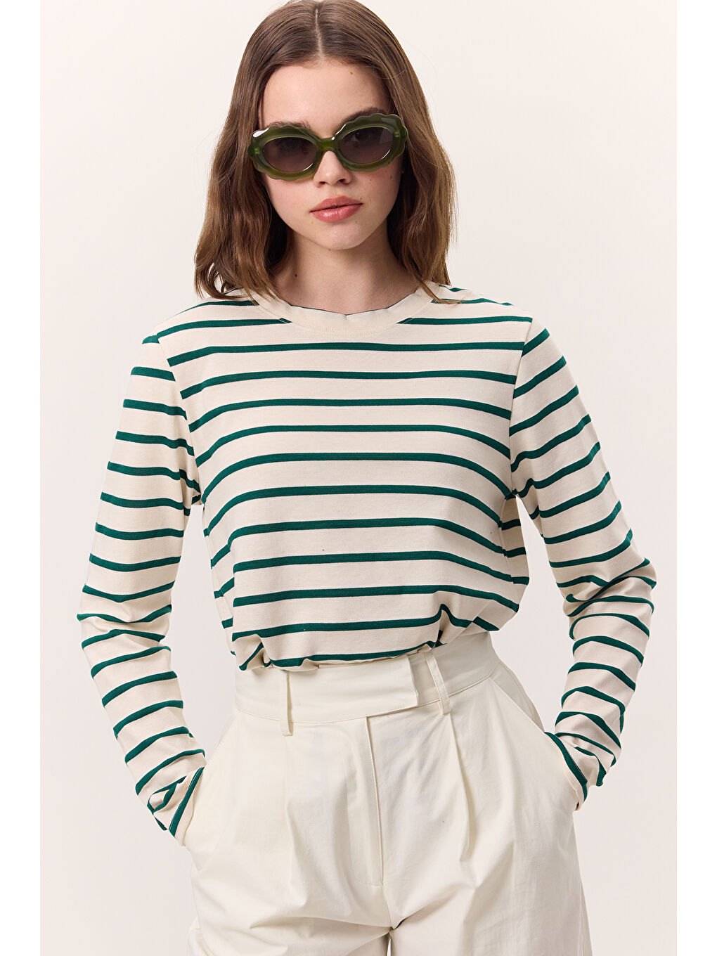 Çizgili Uzun Kol Regular Fit Tshırt Yeşil-2