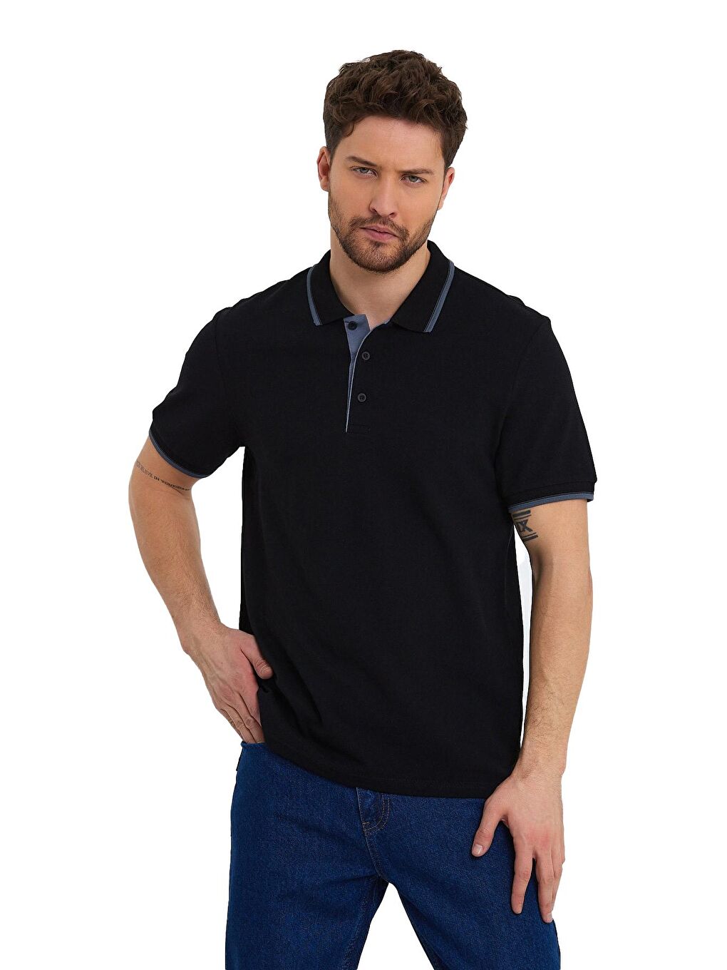 Siyah Erkek Polo Yaka Tişört Kol ve Yaka Çizgil
