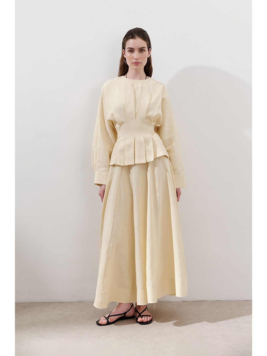 Keten Geniş Parçalı Etek Sarı-2