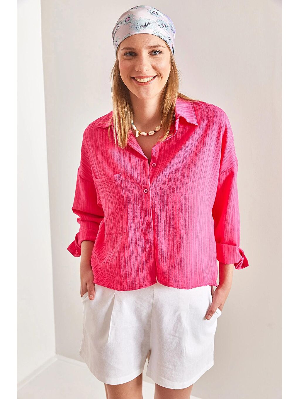 Fuşya Kadın Tek Cepli Asimetrik Gömlek-2