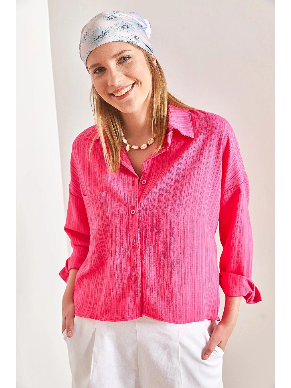 Fuşya Kadın Tek Cepli Asimetrik Gömlek-3