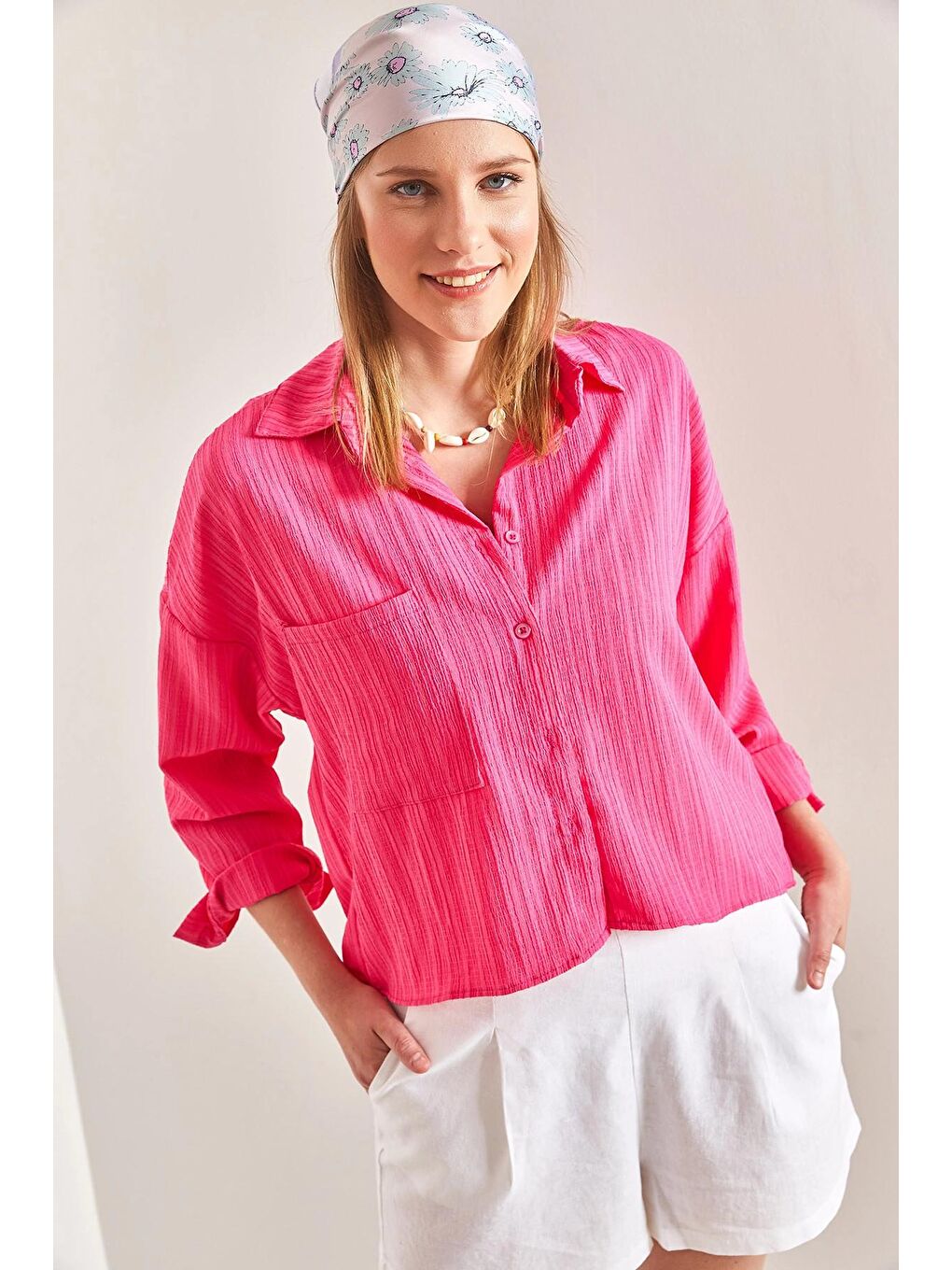 Fuşya Kadın Tek Cepli Asimetrik Gömlek-4