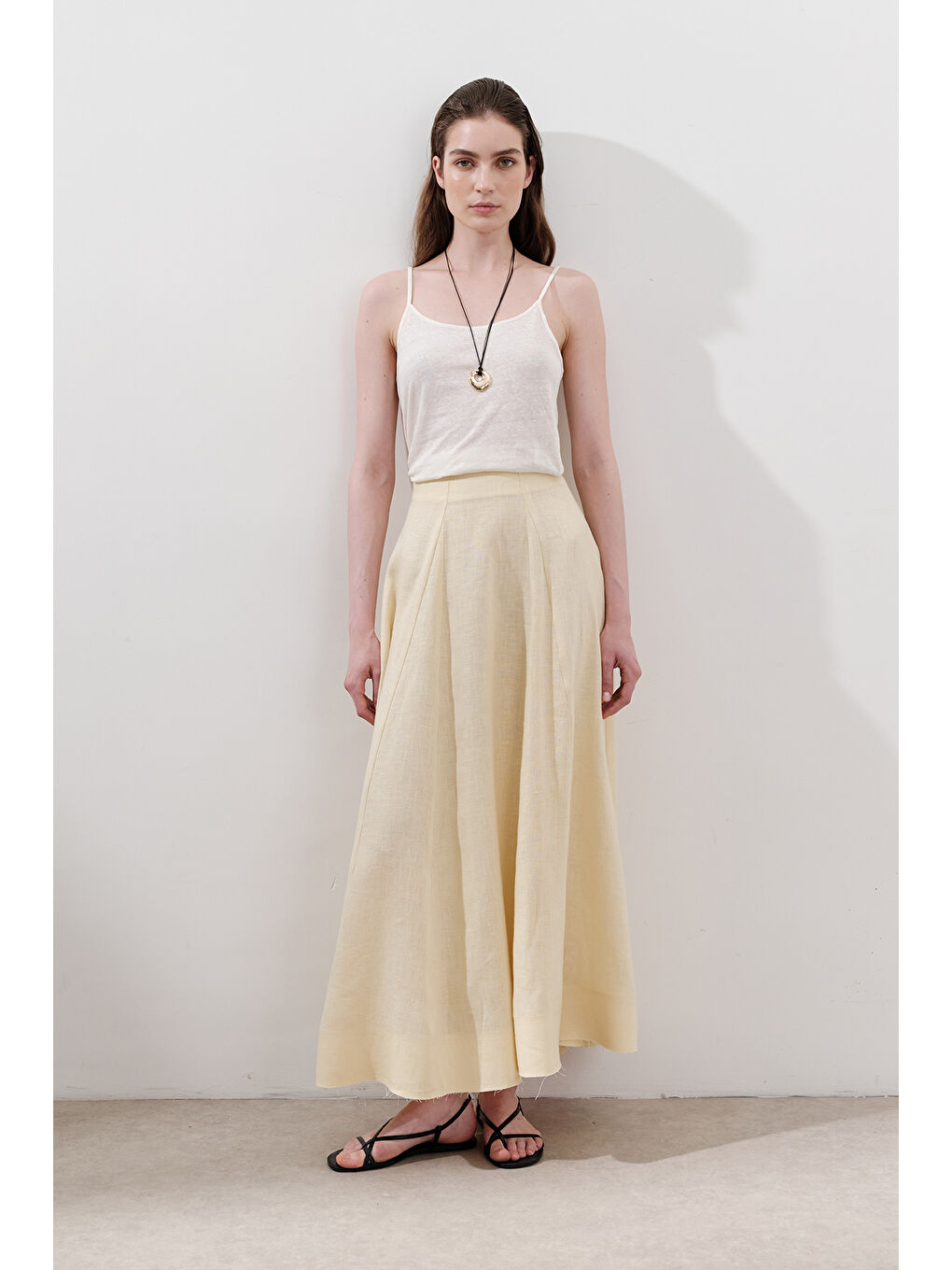 Keten Geniş Parçalı Etek Sarı-5