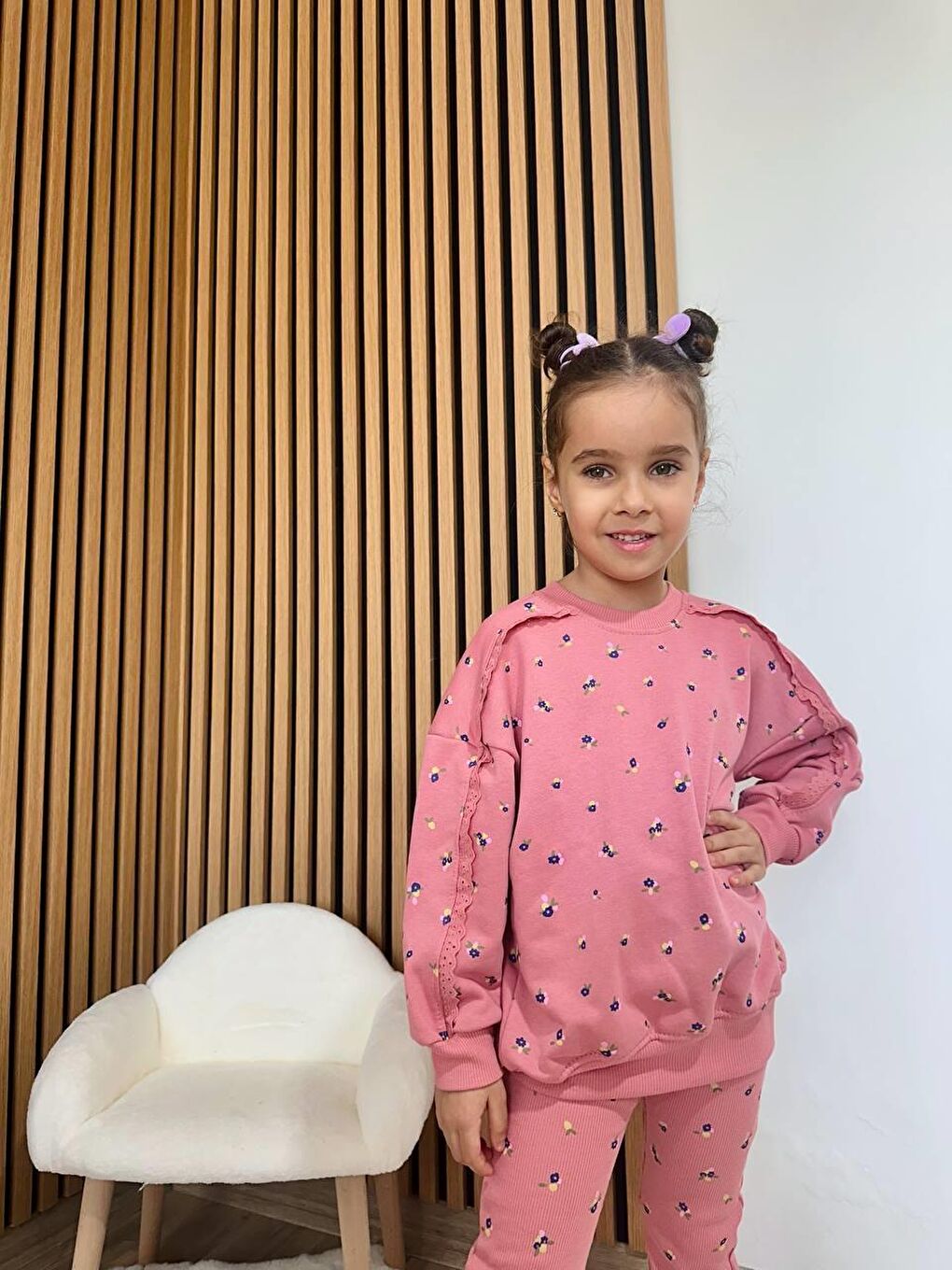 Pembe Kız Çocuk Pamuklu Gül Kurusu Mini Çiçek Desenli Sweatshirt & Flare Eşofman Takım-2