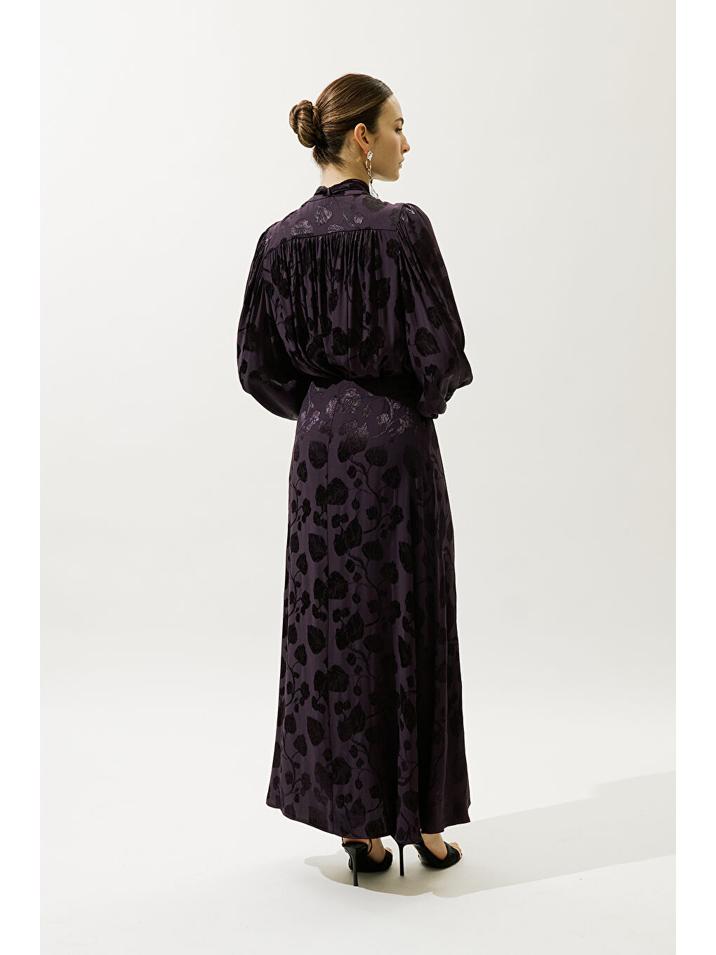 Jakarlı Saten Etek Mor-5