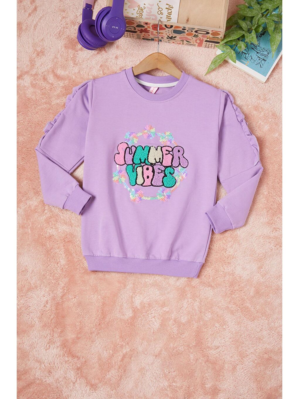 Lila Summer Yazı Nakışlı Kız Çocuk Sweatshirt 16588